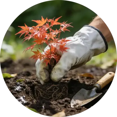 Gärtnerhandschuh pflanzt Dekobaum in Erde – Gartenbau Lula Frankfurt