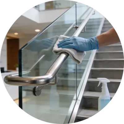 Gebäudereinigung: Handschuhe reinigen Glasfläche mit Mikrofasertuch – Lula Frankfurt am Main