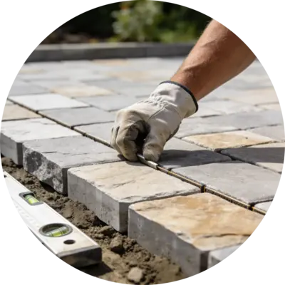 Hand verlegt Natursteinplatten mit Wasserwaage – Landschaftsbau Lula Frankfurt am Main