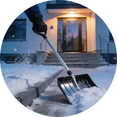 Winterdienst: Hände schieben Schneeschieber und räumen Gehweg am Bordstein – Lula Frankfurt am Main